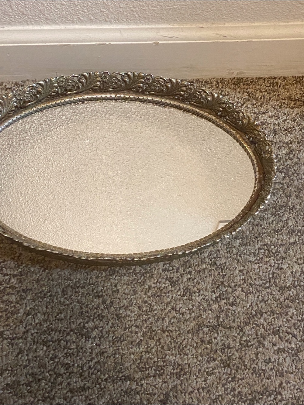 Ornate Oval Mirrored Tray-Siver - Tone Vintage Brass Vanity Perfume Tray Mirror - Picture 11 of 14